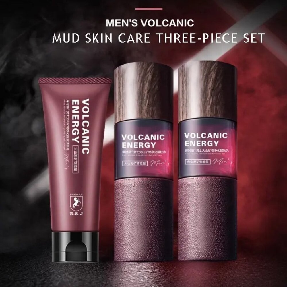 Mens Skin Care System VOLCANIC MUD Daily Face Wash Toner Moisturizer GREAT GIFT!